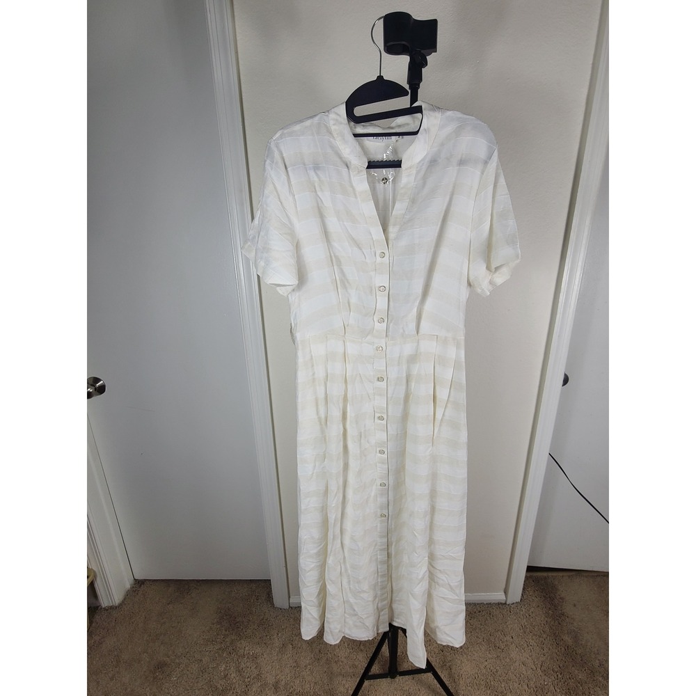 Taelynn White Cream Striped Button Down Midi Dress Short Sleeve Size M